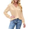 Women's V,Neck Casual Loose Satin Ruched Long Sleeve Work Blouse