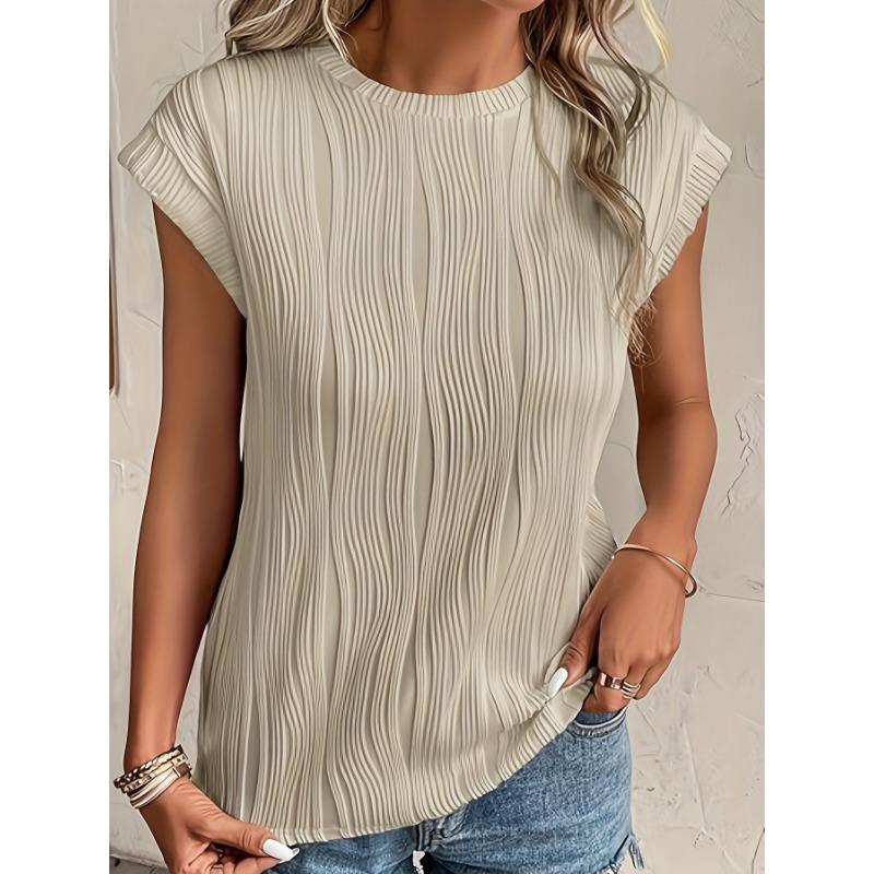 Round Neck Short Sleeved Textured T-shirt Top for Women