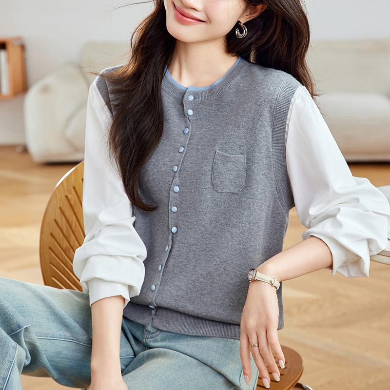 

Женский свитер-двойка с длинными рукавами, тонкий весенний, с круглым вырезом, оригинального дизайна One size