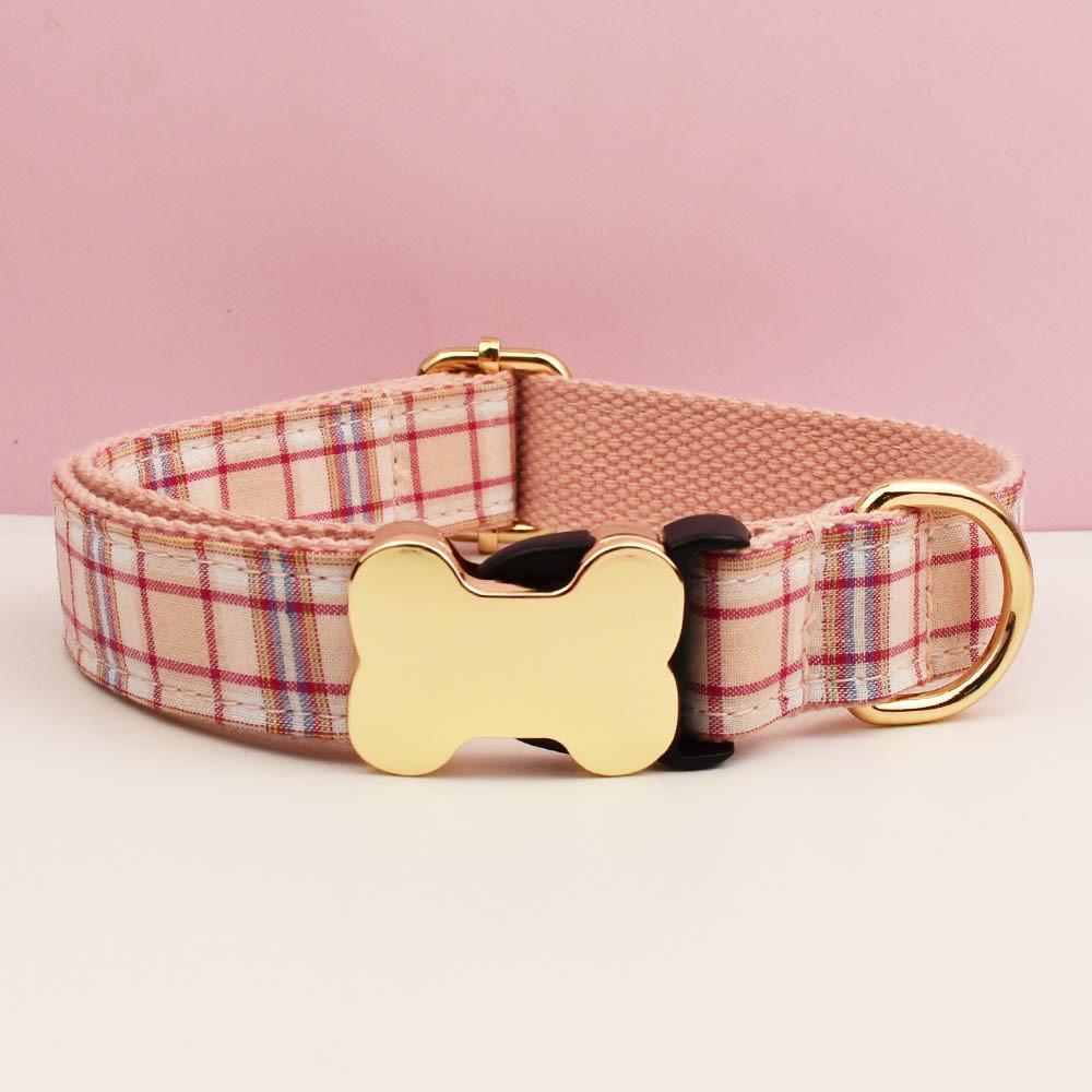 Pet Dog Collar With Grid Print Design And Bone Decor For Gift And Holiday