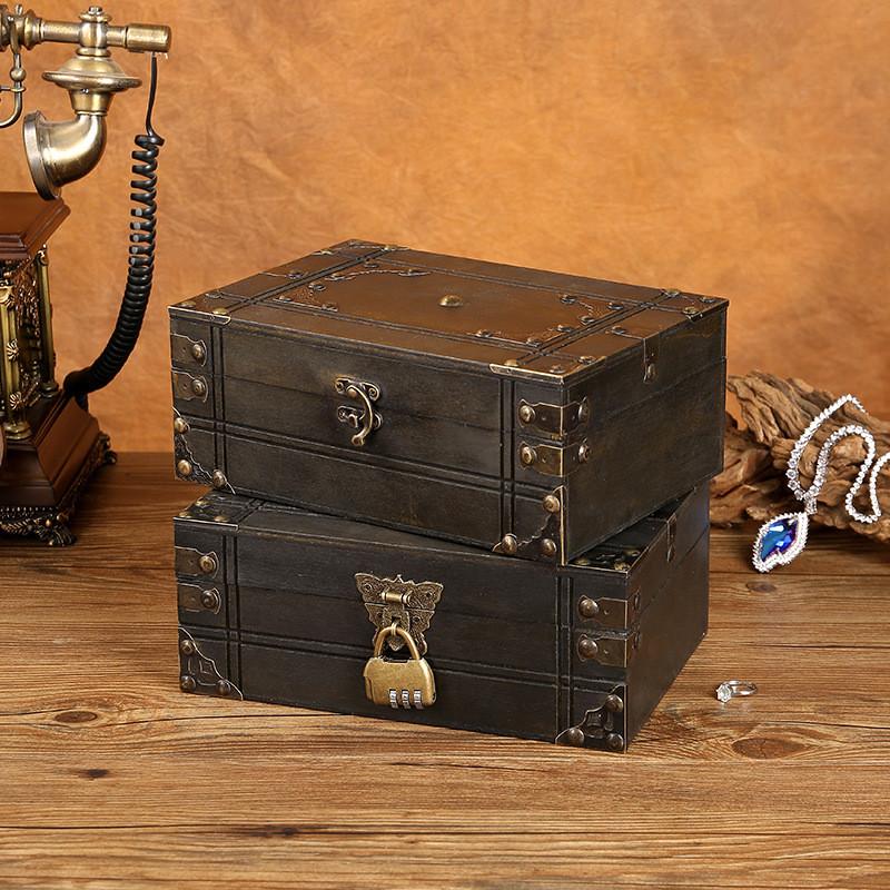 Vintage Chinese Style Wooden Square Storage Box With Lock For Desk Organizer
