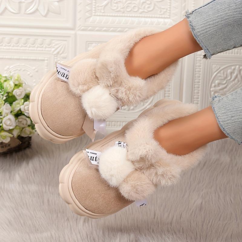 Thick Bottom Bow Rabbit Plush Cotton Shoes Household Women Home Simple Warm Snow Boots Anti-slip