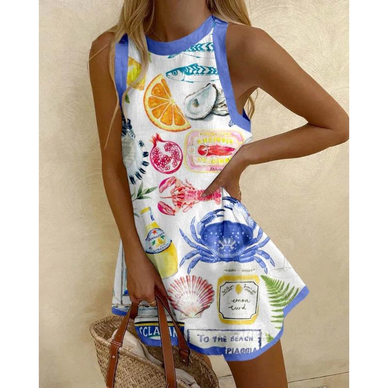 Round Neck Sleeveless Ocean Element Casual Women's Dresses