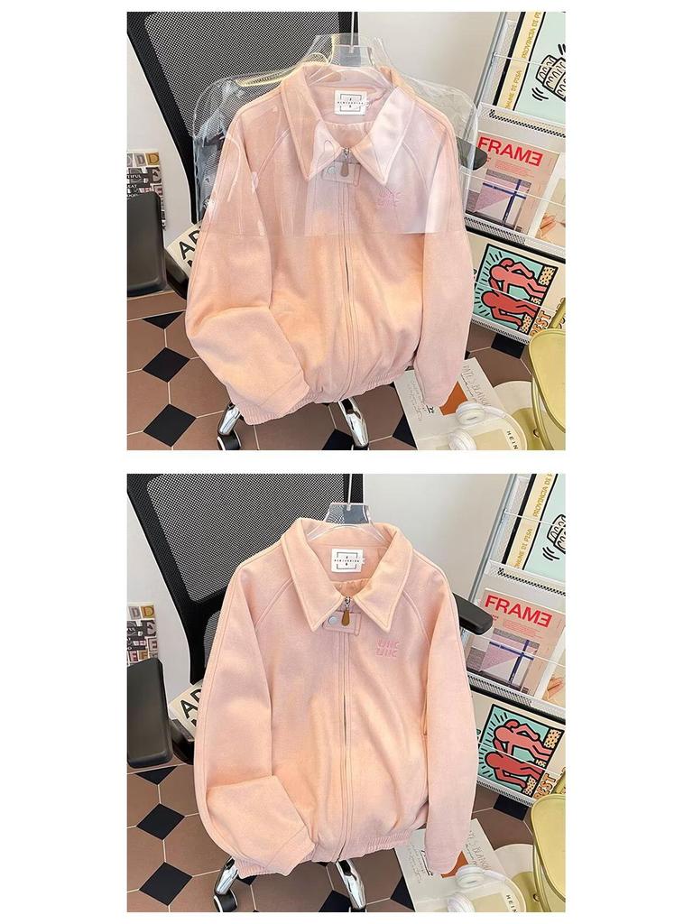 Koreanska Szykowana Damska Krótka Kurtka Baseballowa z Zamszu z Haftowanymi Literami