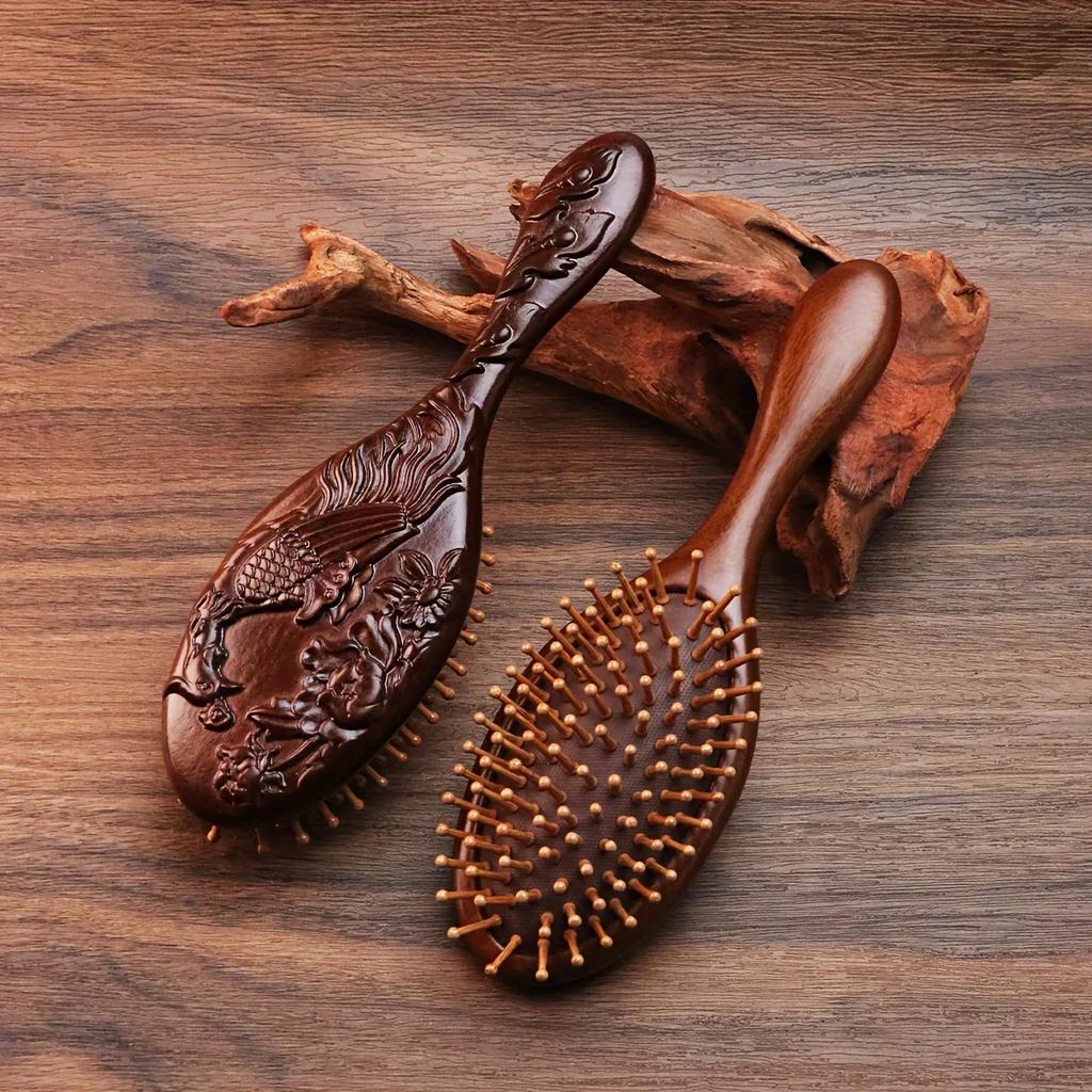 1pc Sandalwood Hand Carved Air Cushion Comb with Bamboo Teeth, Oval Scalp Massage Brush for All Hair Types, Wooden Hair Styling
