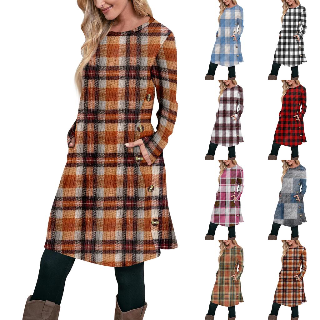 Women's Fashion Casual Long SleeveTunic Dress With Pockets Side Button Dress