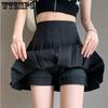 Pleated Skirt A-line High Waist Women Back Zipper Built-in Anti-light Safety Pants Slim Black Grey Hotswet Preppy Style Casual