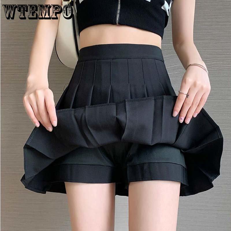 Pleated Skirt A-line High Waist Women Back Zipper Built-in Anti-light Safety Pants Slim Black Grey Hotswet Preppy Style Casual