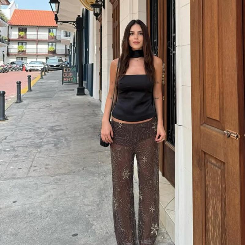 Street Pailletten Print Hose Damen Elastische Taille Weites Bein Durchsichtige Hose Weiblich 2025 Frühling Sommer Dame Glänzende Partyhose