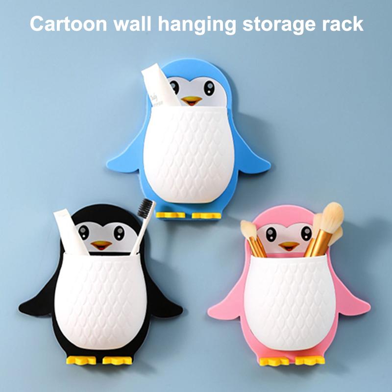 Cute Cartoon Penguin Wall Mounted Storage Holder With No Drill Installation Perfect For Bathroom Toothbrush Toiletry Organizer