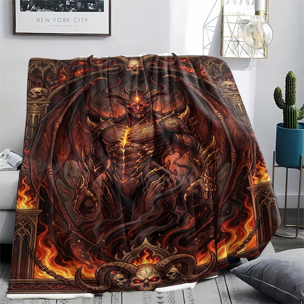 1Pc Demon Print Flannel Blanket, High quality Comfortable for All Seasons, Home Decor, Warmth and Comfort, Perfect for Christmas Gifts W94
