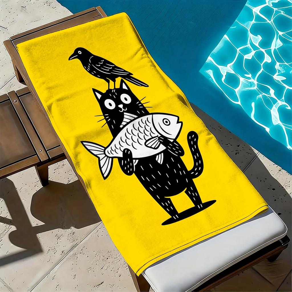 Cartoon-Katze und Krähenfisch-Muster Polyester-Mikrofaser-Strandtuch ist sehr saugfähig, geeignet für Schwimmen und Strandausflüge