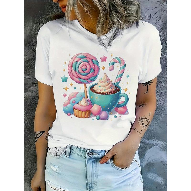 Women's Short Sleeved T-shirt Cute Anime Style Cupcake and Lollipop Pattern Fashionable Printed Women's T-shirt