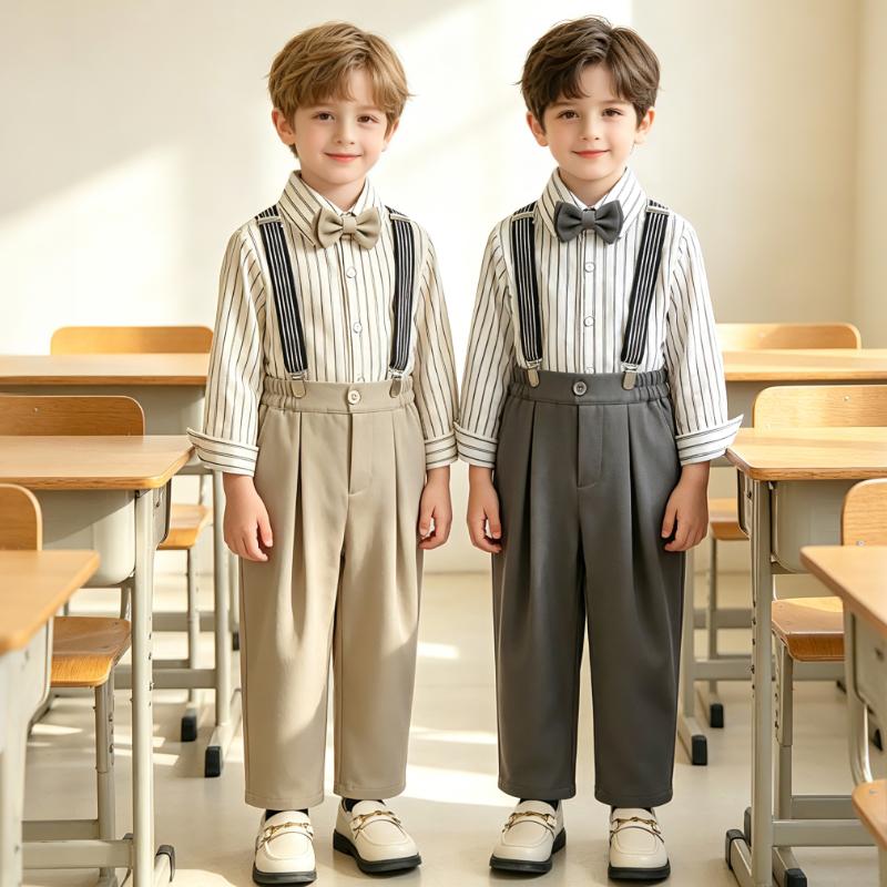 Toddler Boys Suspenders Pants Set Striped Button Down Shirt and Bow Tie Kids Formal Party Outfit Cute Wedding Guest Costume for 1-12Y