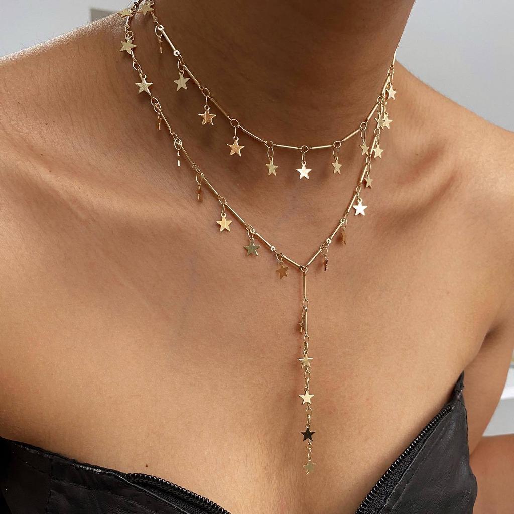 European and American jewelry retro star long fringed necklace, simple personality ins geometric metal wind collarbone chain