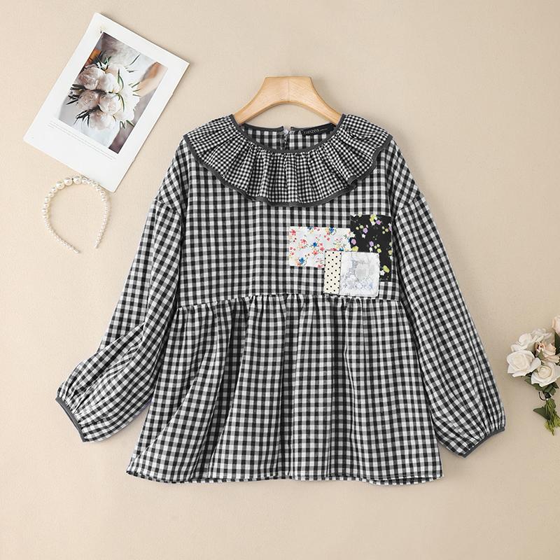 ZANZEA Women Casual Ruffles Splice Round Neck Loose Long Sleeve Plaid Print Blouse