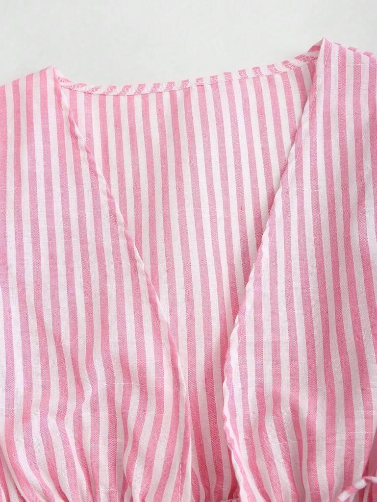 Damen Herbst Gestreiftes V-Ausschnitt Oberteil mit Bindebändchen und Glockenärmeln mit Rüschen