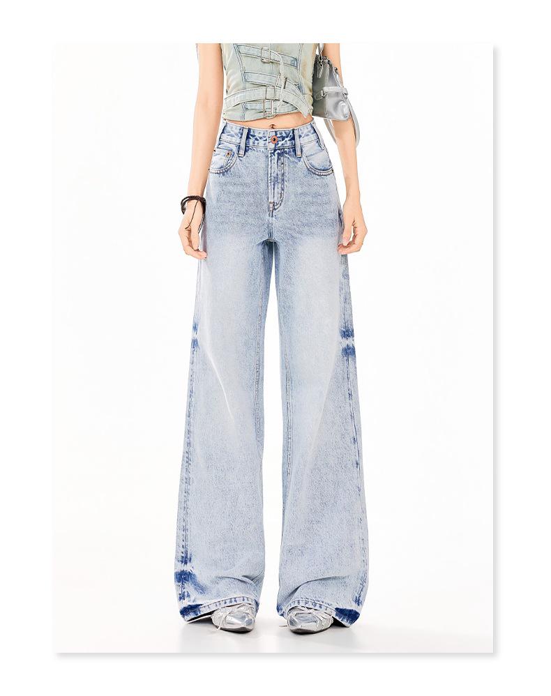 Women's Retro Sky Blue High-Waist Jeans, 2026 Spring/Summer Collection - Loose, Slimming, Floor-Length, Straight-Leg Versatile Pants