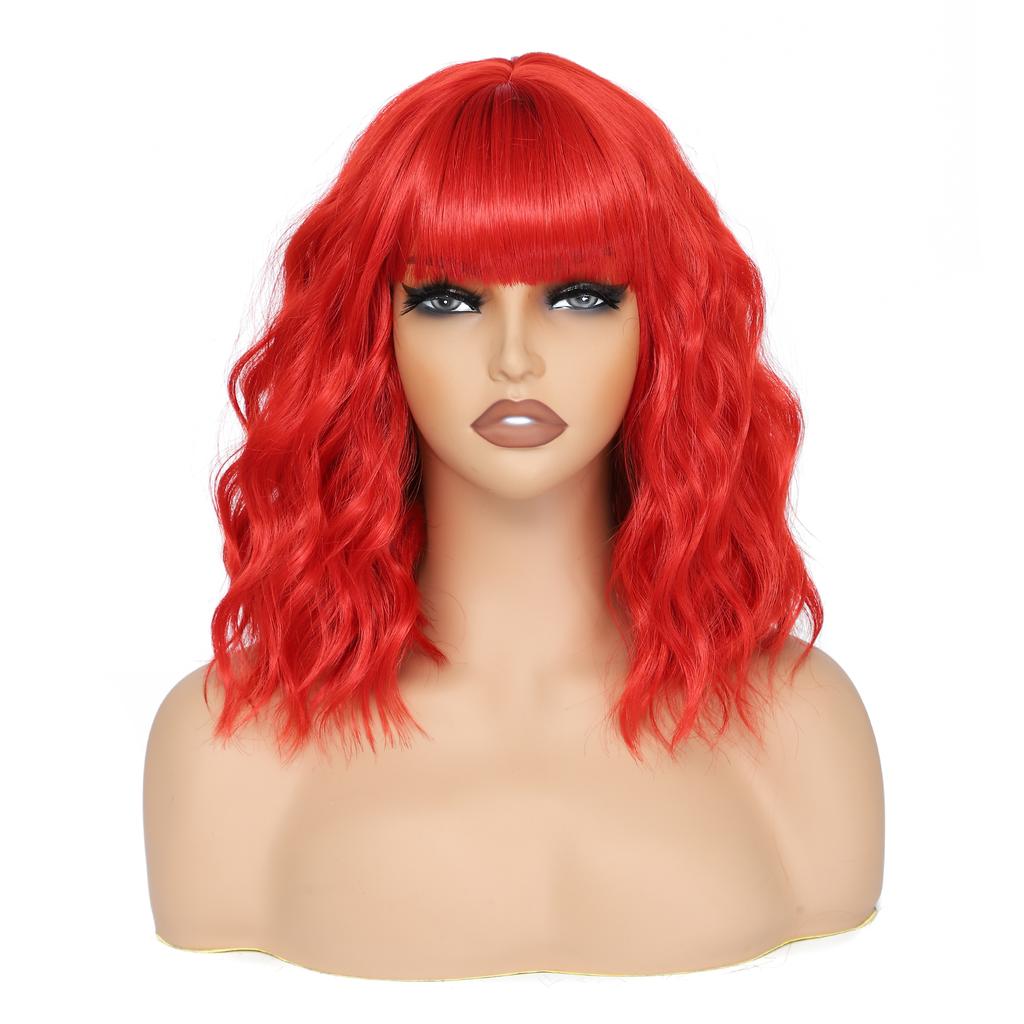 Bob Wig With Bangs 12 Inch Short Wavy Bob Wig Synthetic Blue Orange Pink Yellow Purple Red Wigs For Women Cosplay Halloween Daily Use