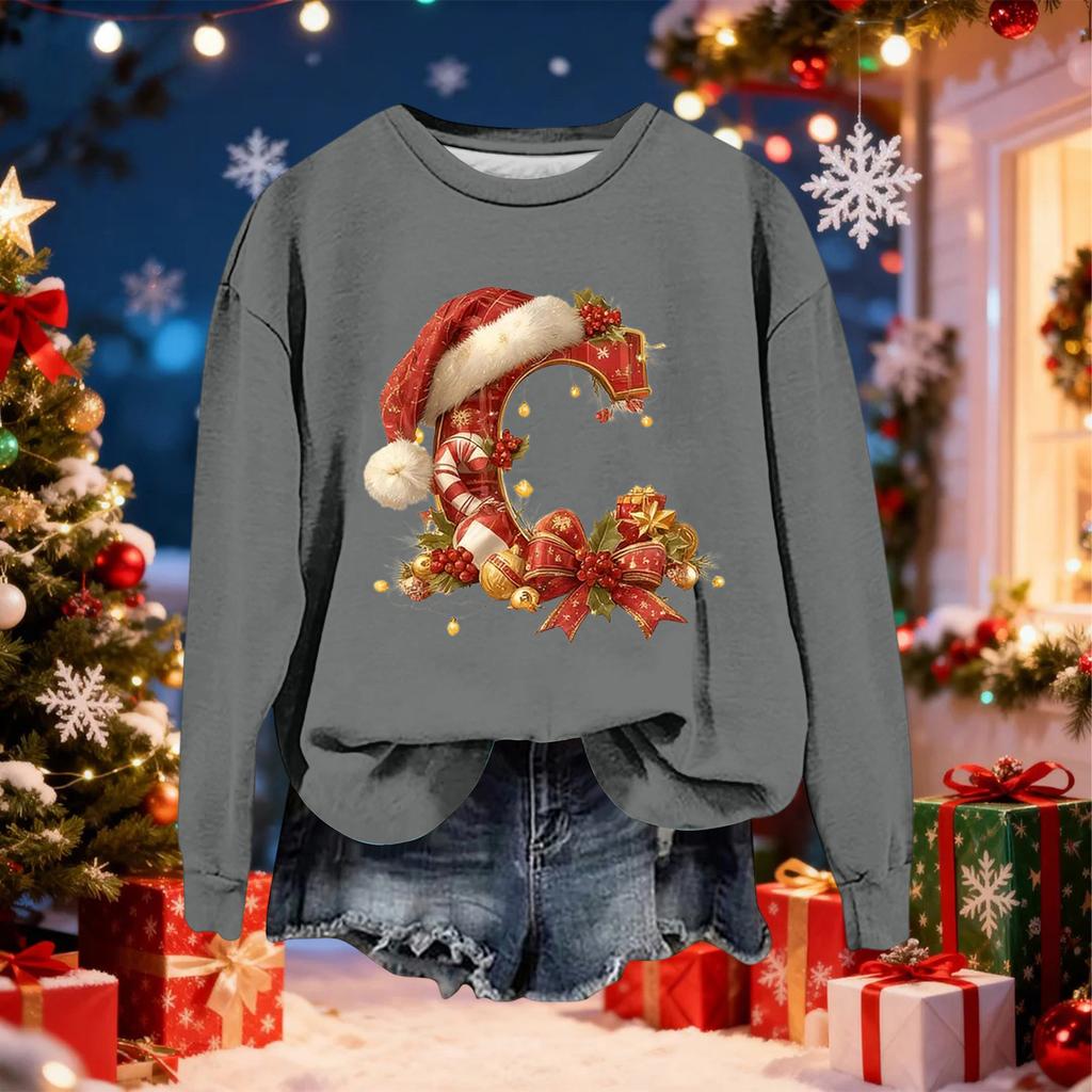 Women's Fashionable Casual Long-Sleeved Christmas Letter Print Crew-Neck Sweatshirt