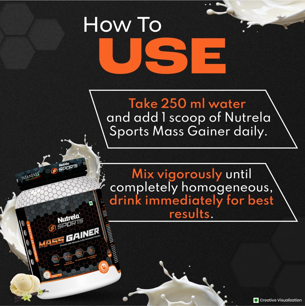 Nutrela Sports Mass Gainer 1KG Vanilla Ice Cream Protein Powder for Muscle Growth and Fitness