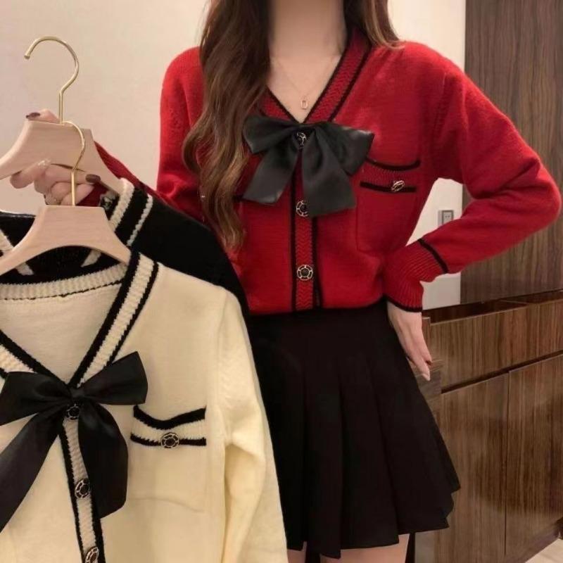 Autumn and winter new gentle college style knitted cardigan sweater jacket bow women's short top
