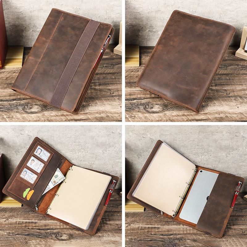 Retro Crazy Horse Echtes Leder A4 Ringordner mit Wechselbaren Seiten - Multifunktionales Business Büro Notizbuch