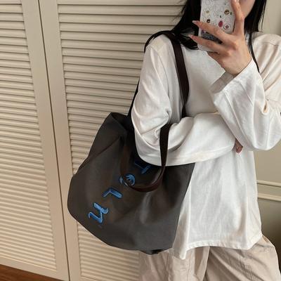 Large Capacity Embroidered Letter Tote Bag Simple Versatile Lazy Style Canvas Bag Women's Shoulder Cloth Bag