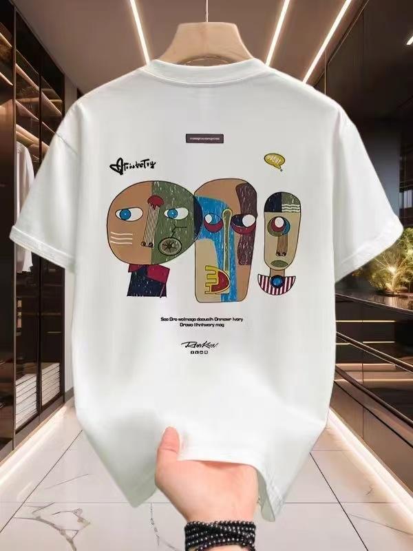 Men's Summer Loose Plus Size Bottoming Shirt Retro-style Printed Top Youth Trend Round Neck Cotton Short-sleeved T-shirt