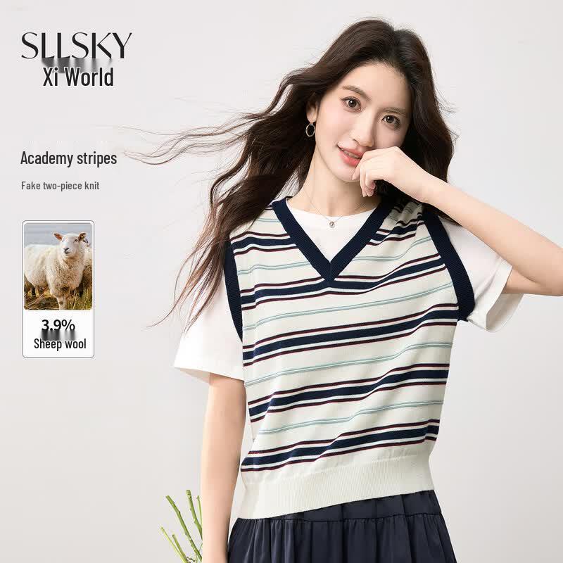 Women s College Style Striped Faux Two-Piece Knit Top US 8