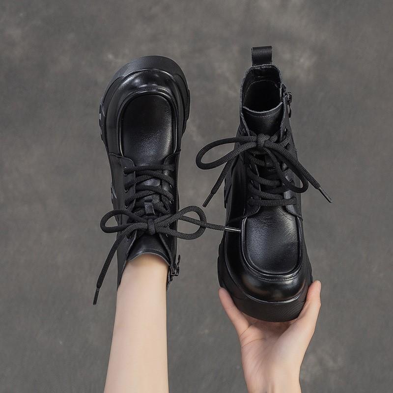 Johnature Retro Thick Sole Wedges Short Boots Genuine Leather Women's Height-increasing Shoes