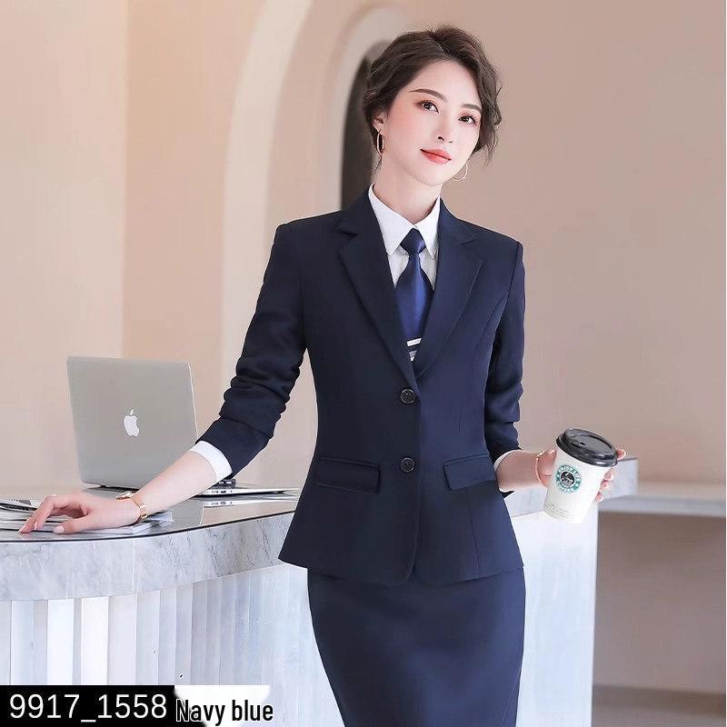 Formelles Schwarzes Anzugset für Damen für Frühling und Herbst - Professionelle Arbeitskleidung mit Jacke für Hotelrezeptionisten