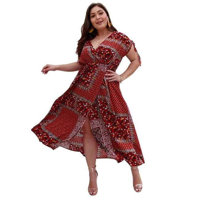 V Neck Retro Floral Print Women's Dresses Bohemian Short Sleeve Loose Female Spring Clothes Elegant Plus Size Vestidos Mujer