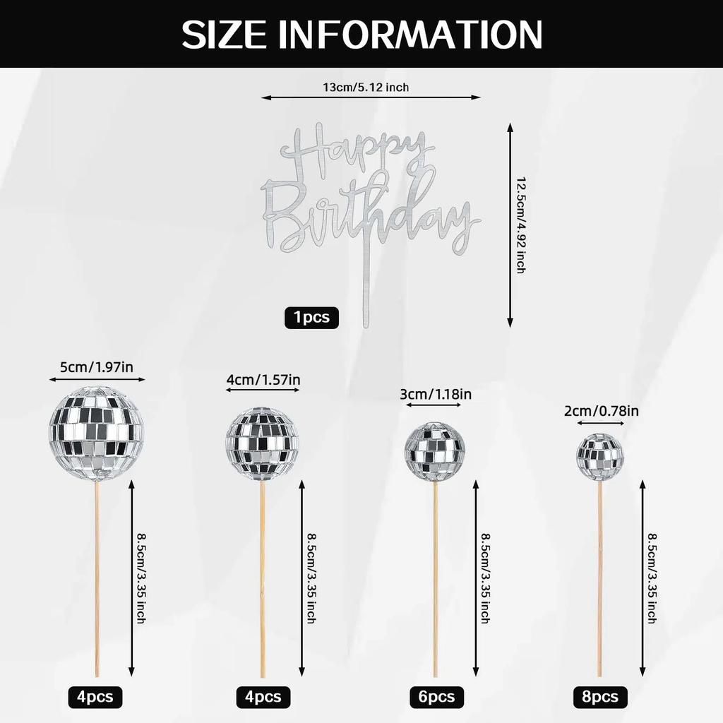23 ks Třpytivé kuličkové topper na dort Disco Party Dekorace Stříbrná karta Šťastné narozeniny Topper na dort pro Disco tématickou párty 70s Disco Párty