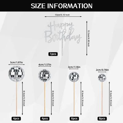 23pcs Glitter Ball Toppers Disco Party Decorations Silver Happy Birthday Card Cake Topper for Disco Theme Party 70s Disco Party