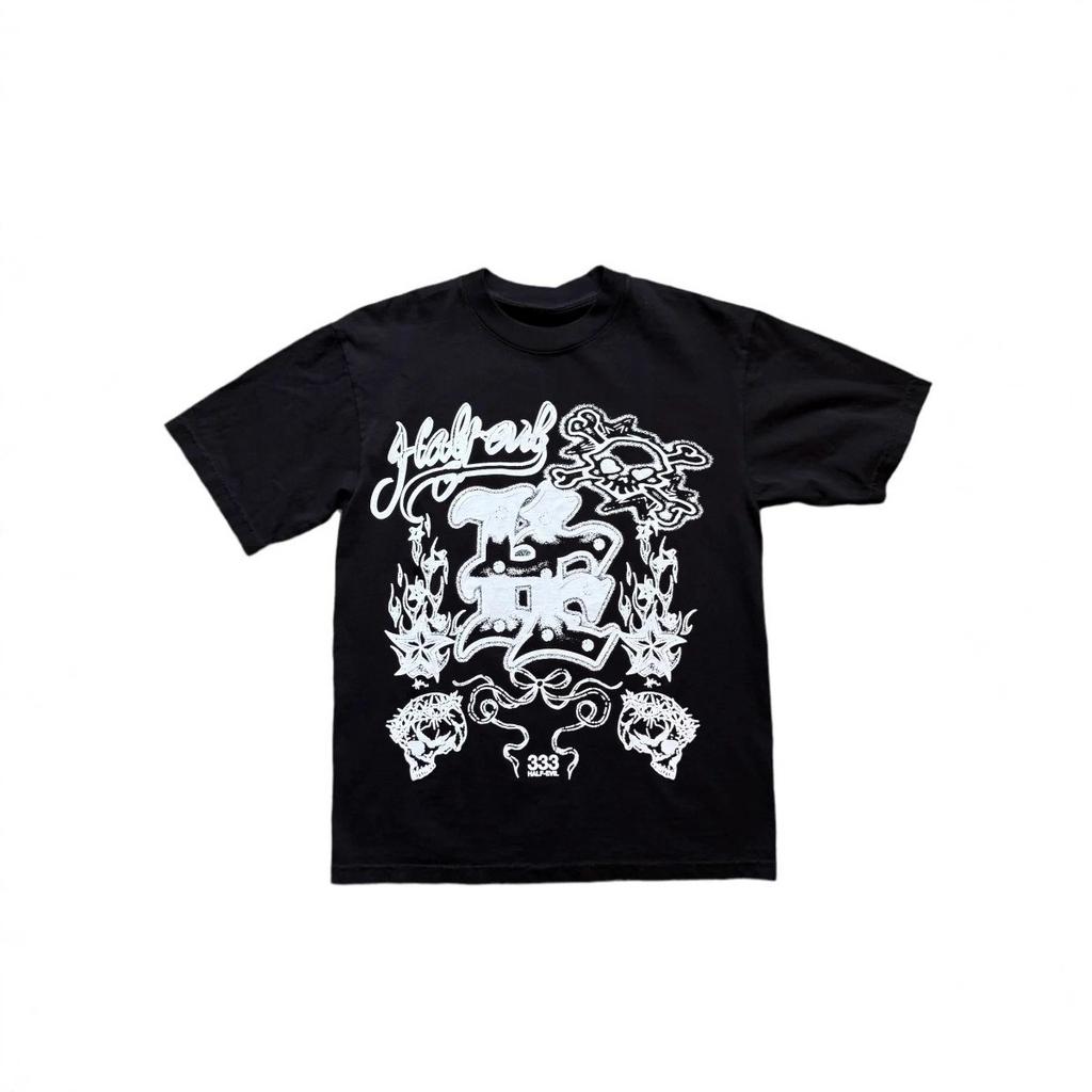 2026 Retro-Print Rundhals Locker High Street Stil Herren HipHop Straßenmuster T-Shirt Schwarz Vielseitig und Alterslos
