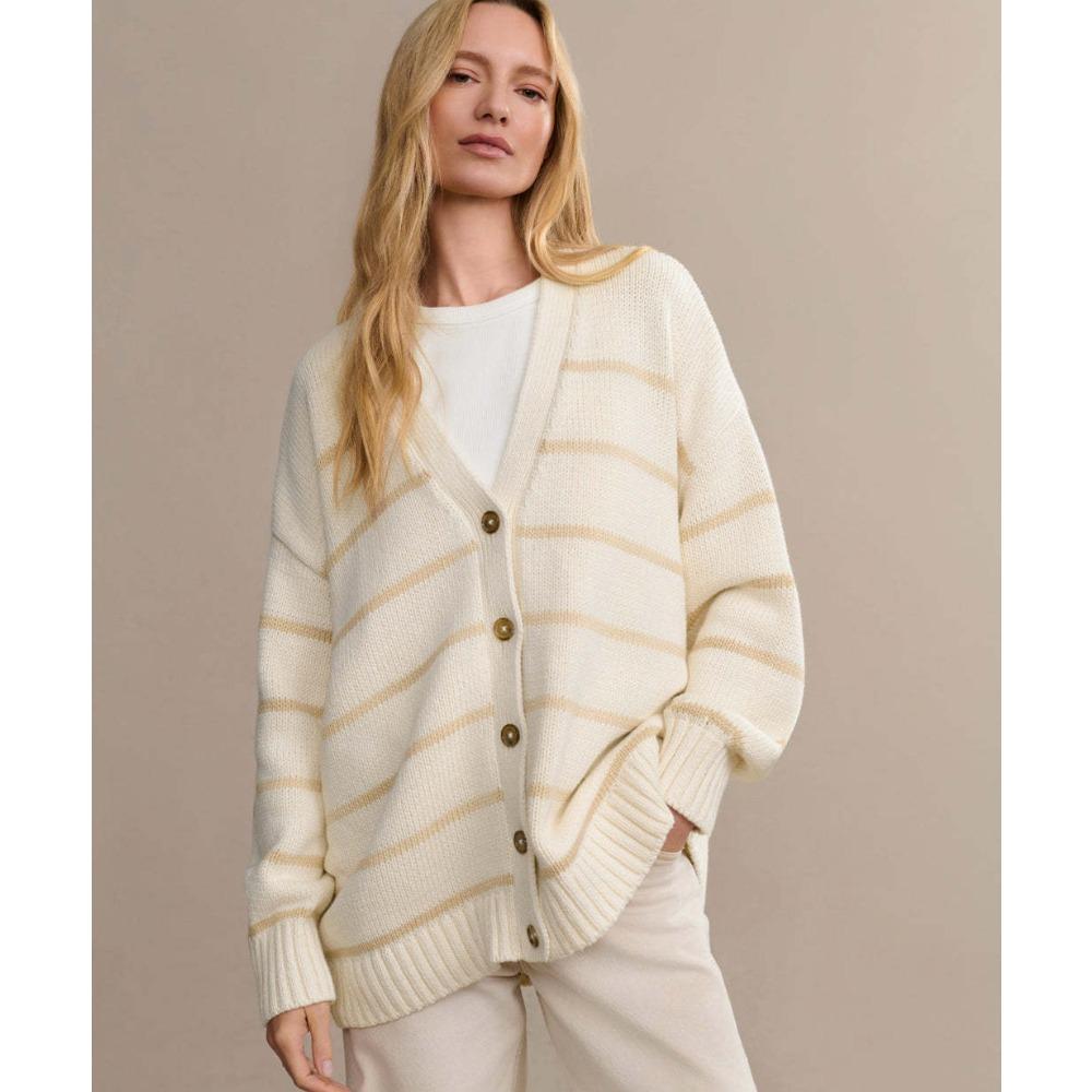 Vintage V-neck Black White Striped Knitted Cardigan Women s Autumn Winter Contrasting Colors Oversized Sweater Lazy Coats Women S