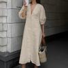 Simple Linen V-neck Puff Sleeve Backless Tie Dress Spring and Autumn Long Dress