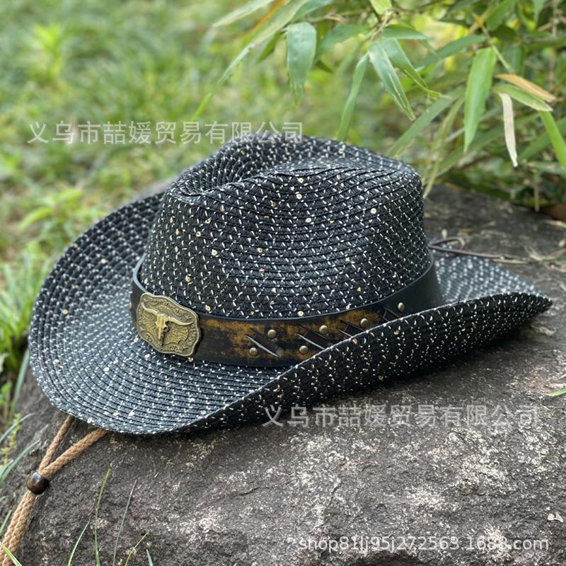 Western Europe, America, cowboy hats, men's and women's spring and summer outdoor travel, sunscreen, sunshade belt, cow head sequined straw hat
