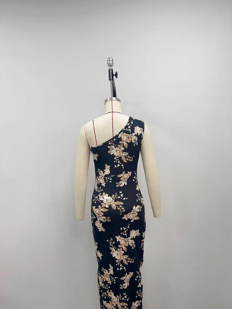 2025 European-American One-Shoulder Bodycon Maxi Dress with High Slit and Summer Print