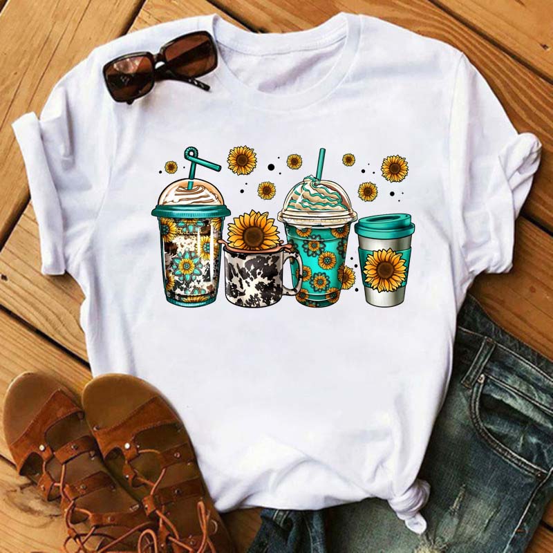 Maycaur Fashion Watermelon Coffee Printed Women T-shirts 90s Trend Cute Short Sleeve Women Female Graphic Tee Streetwear Clothes
