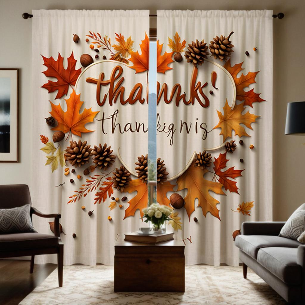 2pcs set HD Thanksgiving pine cone Maple Leaf decorative curtain White tie digital printed curtain Home Decoration style Deco