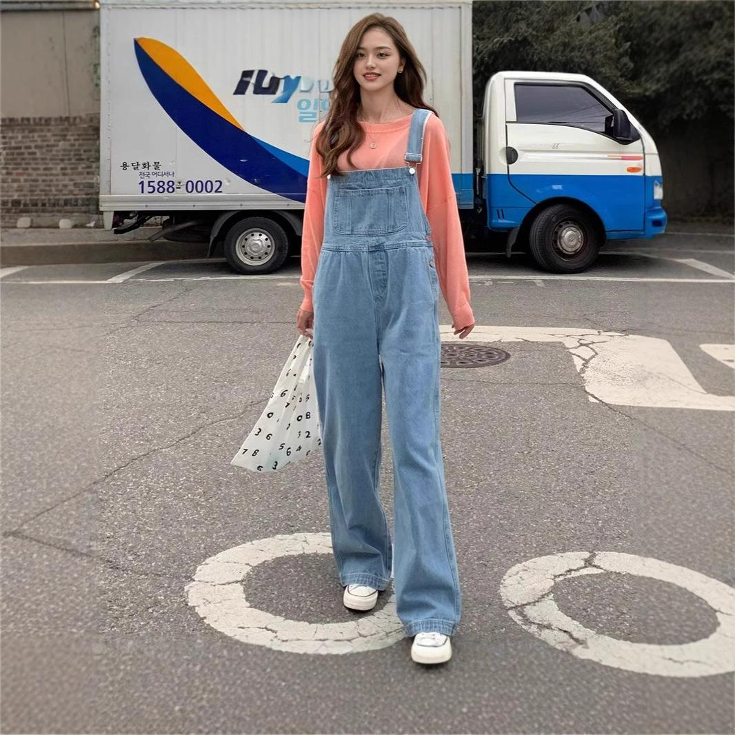 

Women s Retro Denim Wide-Leg Overalls – High Waist, Floor Length, Korean Style Jumpsuit for Spring/Autumn XL світло-синій колір