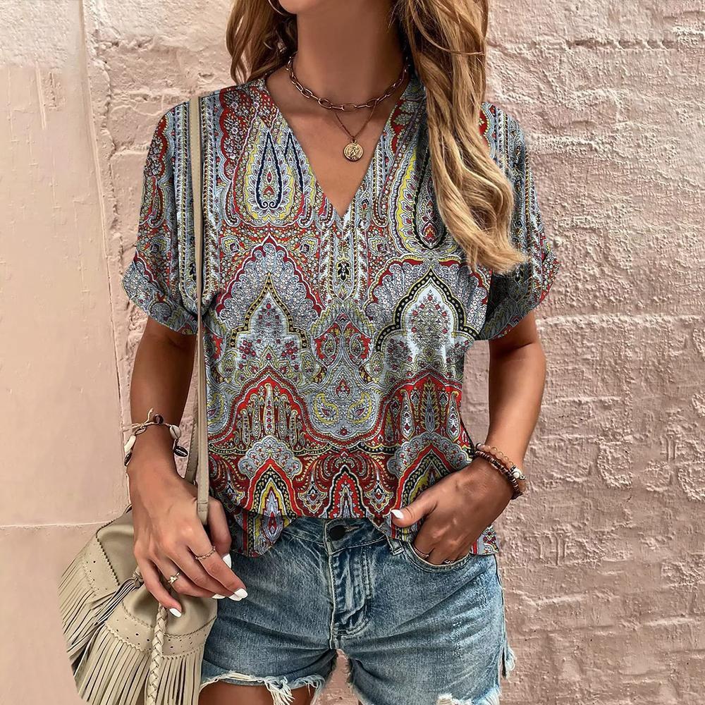 Women's T-shirt retro floral print summer casual V-neck women's clothing short-sleeved T-shirt women's fashion