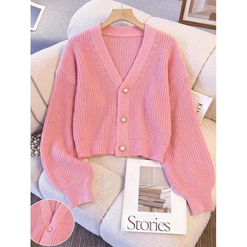 Womens Short Knit Cardigan Fall Winter Casual V-Neck Pearl Button Sweater