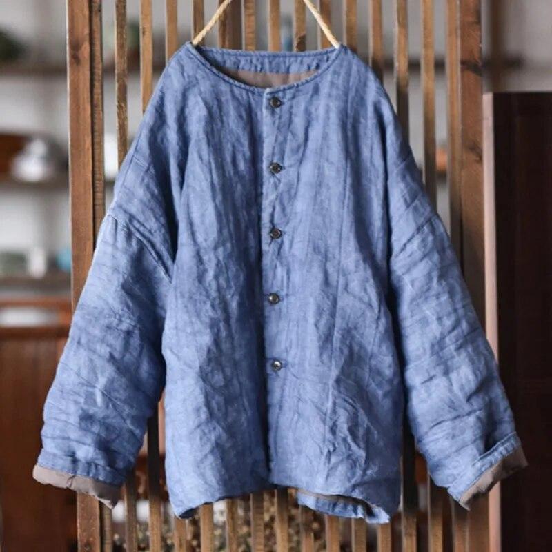 Johnature Women Vintage Parkas O-Neck Long Sleeve Solid Color Spring Coats Button Plus Cotton Chinese Style Parkas