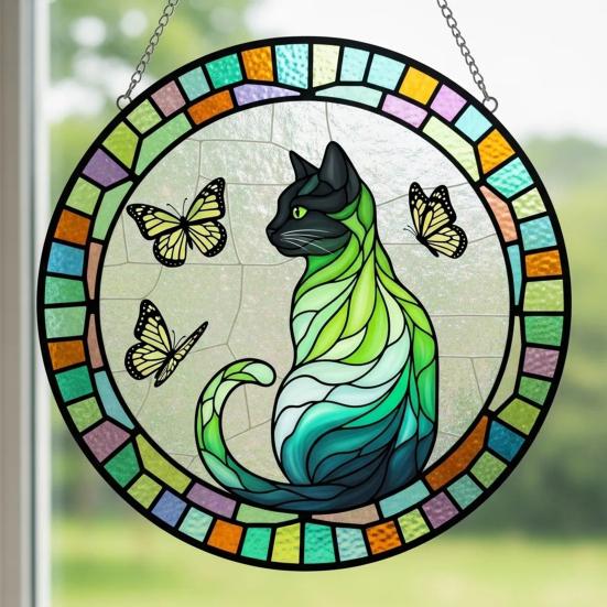 Katt Sommerfugl Solfanger Hengepynt Innendørs Utendørs Hjem Hage Vegg Vindu Henger Farget Glass Akryl Ornament Anheng Kjæledyrelskere Gaver