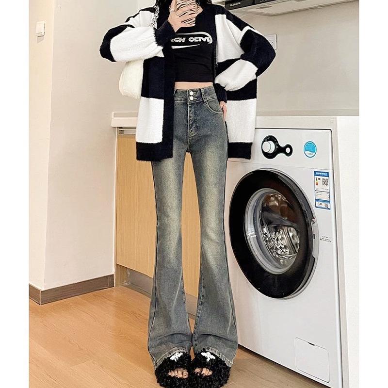 Trendy High-Waisted Micro-Flare Jeans for Women - Slimming Double-Button Design L