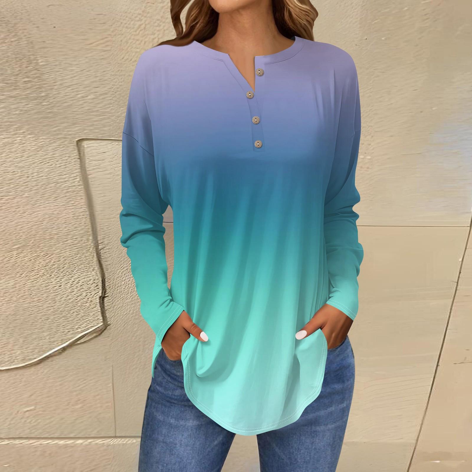 

Женская мода свободный воротник на пуговицах с принтом длинный рукав футболка топы пуловер L циан