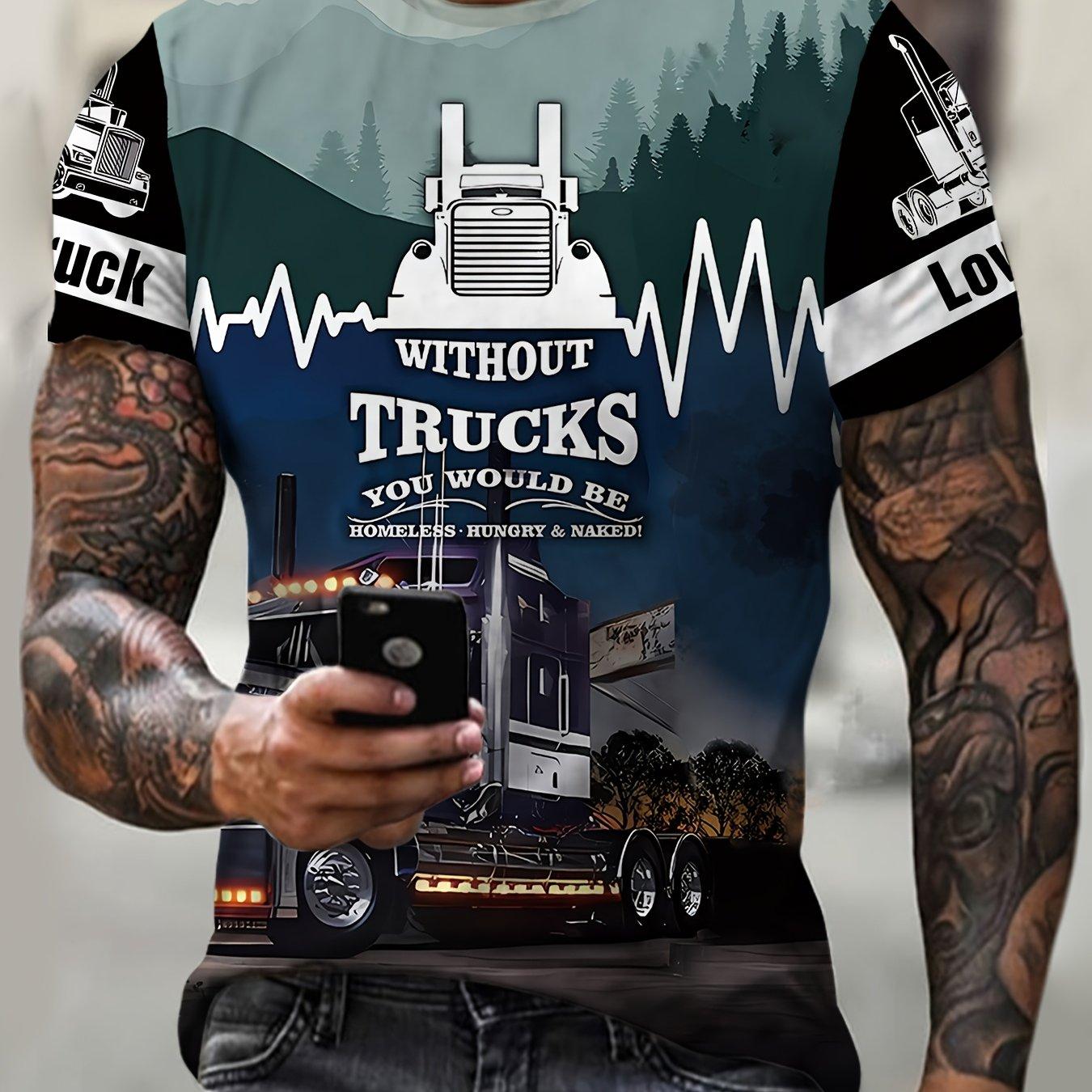Stylish Plus Size Men s T-Shirt with 3D Truck Print - Casual & Sporty Stretch FabricMachine Washable PLUS SIZE 2XS